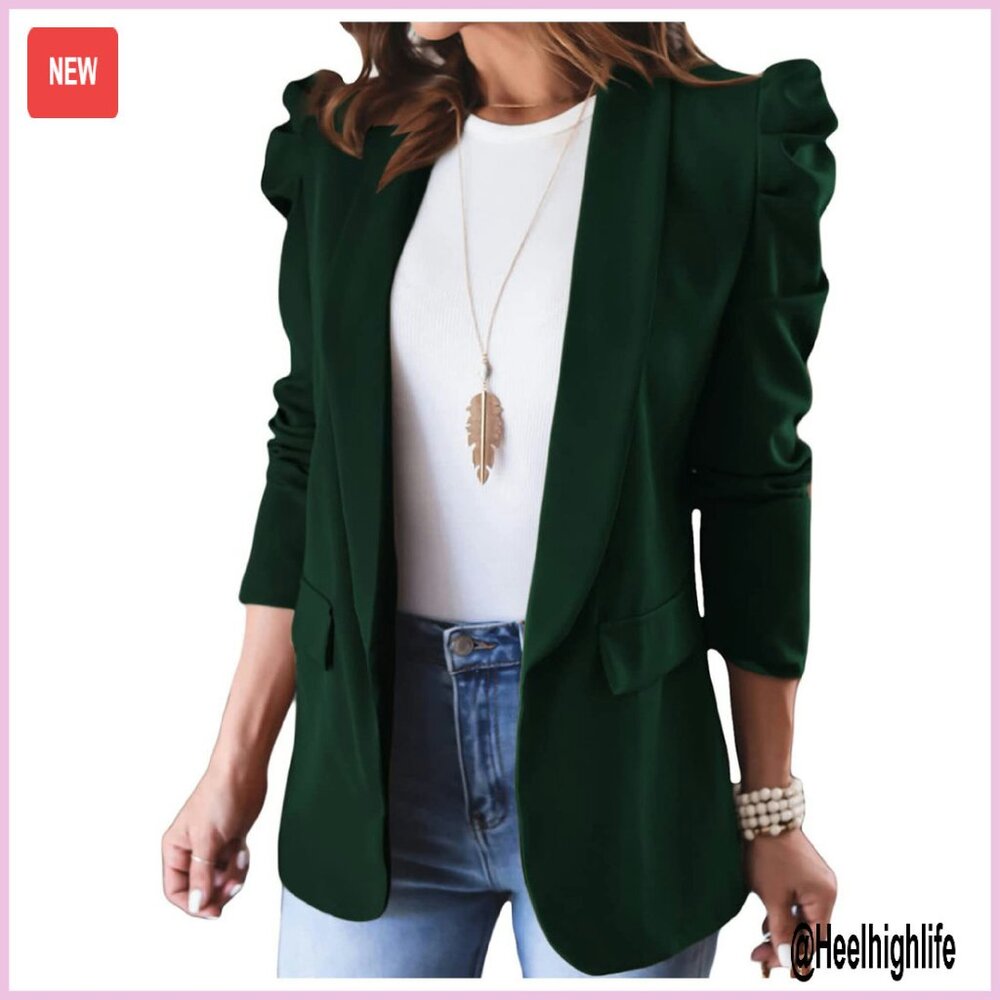Women's Puff Sleeve Blazer Open Front Office Jacket Slim Fit